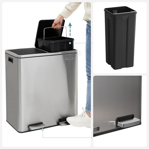  SONGMICS 16 Gallon Step Trash Can, Double Recycle Pedal Bin, 2 x 30L Garbage Bin with Plastic Inner Buckets and Carry Handles, Fingerprint Proof Stainless Steel, Slow Close ULTB60N