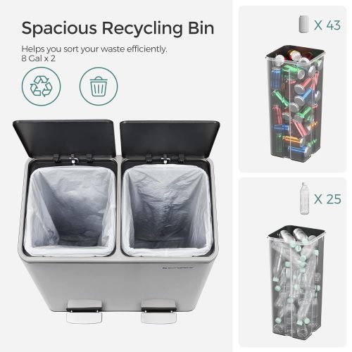  SONGMICS 16 Gallon Step Trash Can, Double Recycle Pedal Bin, 2 x 30L Garbage Bin with Plastic Inner Buckets and Carry Handles, Fingerprint Proof Stainless Steel, Slow Close ULTB60N