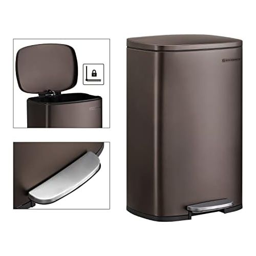  SONGMICS 13.2 Gal (50L) Kitchen Trash Can, Pedal Garbage Can, with Plastic Inner Bucket, Hinged Lid, Soft Closure, Odor Proof and Hygienic, Brown ULTB50BR