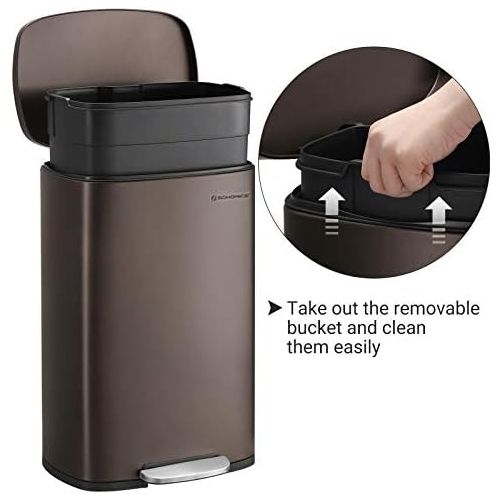  SONGMICS 13.2 Gal (50L) Kitchen Trash Can, Pedal Garbage Can, with Plastic Inner Bucket, Hinged Lid, Soft Closure, Odor Proof and Hygienic, Brown ULTB50BR