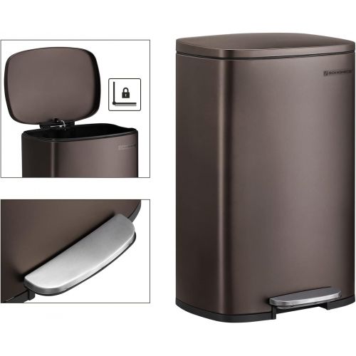  SONGMICS 13.2 Gal (50L) Kitchen Trash Can, Pedal Garbage Can, with Plastic Inner Bucket, Hinged Lid, Soft Closure, Odor Proof and Hygienic, Brown ULTB50BR