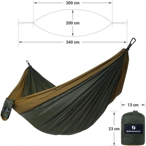  Besuchen Sie den SONGMICS-Store SONGMICS Hangematte ultraleicht, fuer 2 Personen, aus Ripstop-Nylon, bis 300 kg belastbar, 300 x 200 cm, fuer Rucksackreisen, Camping, Wandern, armeegruen-braun GDC20AC