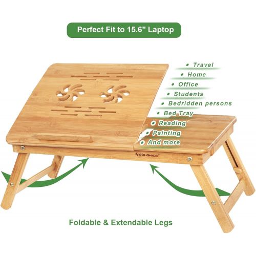  [아마존베스트]SONGMICS Bamboo Laptop Desk Serving Bed Tray Breakfast Table Tilting Top with Drawer