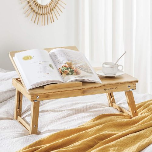  [아마존베스트]SONGMICS Bamboo Laptop Desk Serving Bed Tray Breakfast Table Tilting Top with Drawer