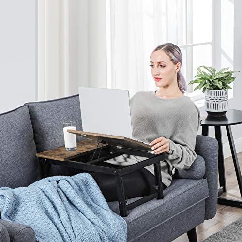 [아마존베스트]SONGMICS Laptop Desk for Bed or Sofa with Adjustable Tilting Top, Breakfast Serving Tray with Height Adjustable Folding Legs, Fits Screen Size up to 15.6 Inches, Floor Desk, Rustic