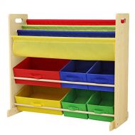 SONGMICS Kids Toy Storage Unit Sling Bookcase Rack with 6 Fabric Bins and 3-Tier Book Shelf Multicolor UGKR48Y