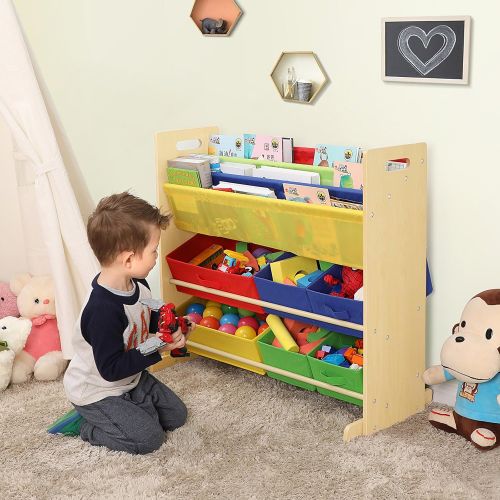  SONGMICS Kids Toy Storage Unit Sling Bookcase Rack with 6 Fabric Bins and 3-Tier Book Shelf Multicolor UGKR48Y