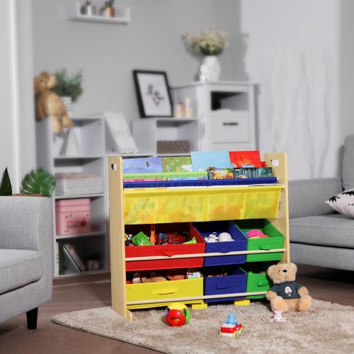  SONGMICS Kids Toy Storage Unit Sling Bookcase Rack with 6 Fabric Bins and 3-Tier Book Shelf Multicolor UGKR48Y