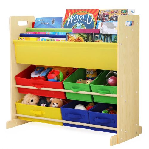  SONGMICS Kids Toy Storage Unit Sling Bookcase Rack with 6 Fabric Bins and 3-Tier Book Shelf Multicolor UGKR48Y