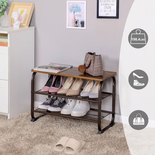  SONGMICS Vintage Shoe Bench Rack, 3-Tier Shoe Storage Shelf for Entryway Hallway Living Room, Wood Look Accent Furniture with Metal Frame, Easy Assembly ULMR32A