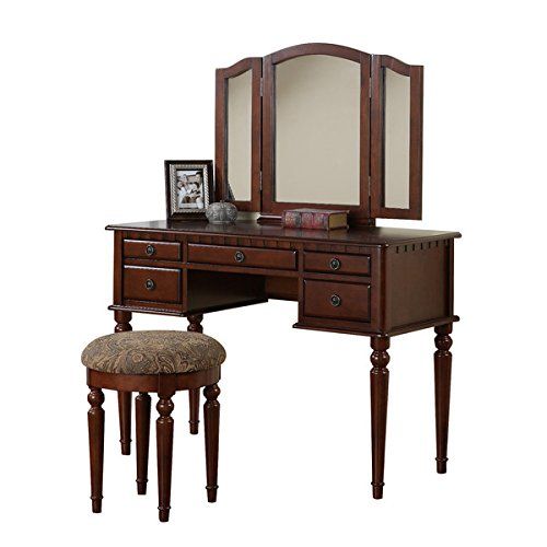  SONGMICS Vanity Set with Mirror and Stool Vintage Antique Makeup Dresser for Women Table Drawer Organizer Bedroom Furniture… (Cherry)