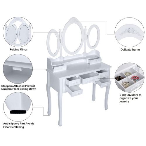  SONGMICS Vanity Set Tri-Folding Mirror Make-up Dressing Table Padded Stool with 7 Drawers 2 Dividers White URDT91M