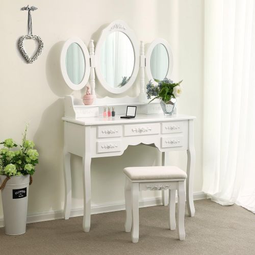  SONGMICS Vanity Set Tri-Folding Mirror Make-up Dressing Table Padded Stool with 7 Drawers 2 Dividers White URDT91M
