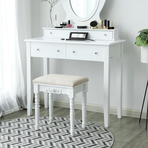  SONGMICS Vanity Stool, Comfortable Dressing Bench, Padded Cushioned Bench with Rubber Wood Legs, Capacity 286lb, Easy Assembly, White URDS06WT