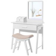 SONGMICS Vanity Table Set with Square Mirror and Makeup Organizer Dressing Table 1 Large Drawer with Sliding Rails, White URDT21W