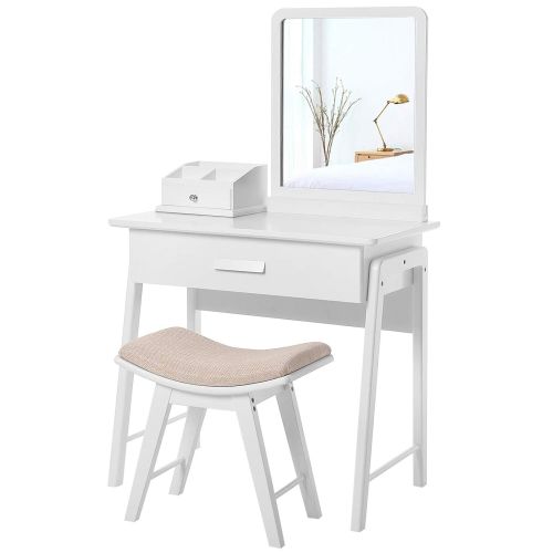  SONGMICS Vanity Table Set with Square Mirror and Makeup Organizer Dressing Table 1 Large Drawer with Sliding Rails, White URDT21W