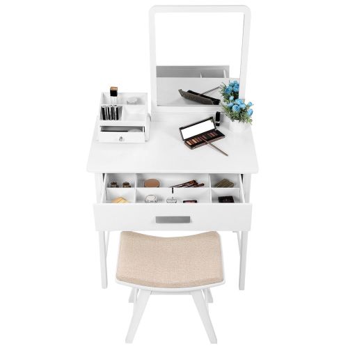  SONGMICS Vanity Table Set with Square Mirror and Makeup Organizer Dressing Table 1 Large Drawer with Sliding Rails, White URDT21W