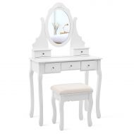 SONGMICS Vanity Set with Mirror and Stool Make-up Dressing Table 5 Drawers with 2 Dividers White URDT09W