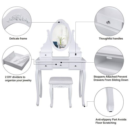  SONGMICS Vanity Set with Mirror and Stool Make-up Dressing Table 5 Drawers with 2 Dividers White URDT09W