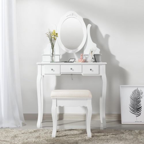  SONGMICS Vanity Set with Mirror and Stool Make-up Dressing Table 5 Drawers with 2 Dividers White URDT09W