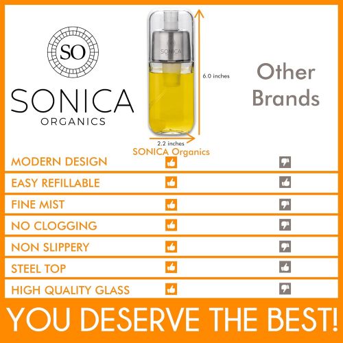  SONICA ORGANICS-Premium-Olive-Oil-Sprayer-Fine-Mister Glass Spray-Bottle 6 oz for Cooking, Baking, Roasting, Grilling, Frying, BBQ, Salads, BPA-Free, Vinegar Mister with Premium An