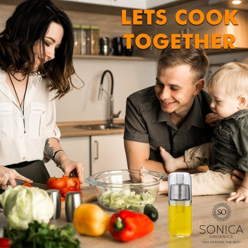  SONICA ORGANICS-Premium-Olive-Oil-Sprayer-Fine-Mister Glass Spray-Bottle 6 oz for Cooking, Baking, Roasting, Grilling, Frying, BBQ, Salads, BPA-Free, Vinegar Mister with Premium An