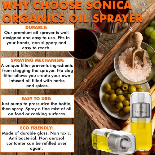  SONICA ORGANICS-Premium-Olive-Oil-Sprayer-Fine-Mister Glass Spray-Bottle 6 oz for Cooking, Baking, Roasting, Grilling, Frying, BBQ, Salads, BPA-Free, Vinegar Mister with Premium An