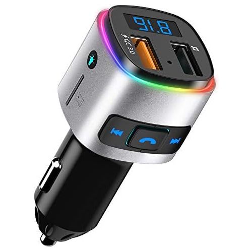  [아마존베스트]Bluetooth FM Transmitter for Car, SONRU Wireless Bluetooth V4.2 Radio Adapter Music Player Car Kit, Hands Free Calling, QC3.0 Quick Charge, Voltmeter, Color Light, Support TF Card,