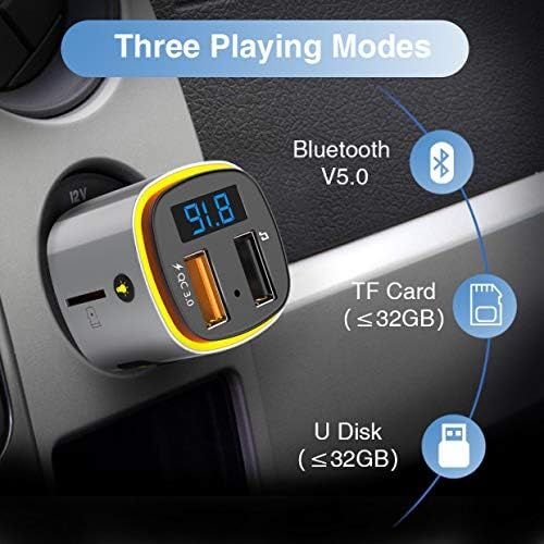  [아마존베스트]Bluetooth FM Transmitter for Car, SONRU Wireless Bluetooth V4.2 Radio Adapter Music Player Car Kit, Hands Free Calling, QC3.0 Quick Charge, Voltmeter, Color Light, Support TF Card,