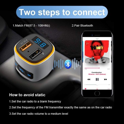  [아마존베스트]Bluetooth FM Transmitter for Car, SONRU Wireless Bluetooth V4.2 Radio Adapter Music Player Car Kit, Hands Free Calling, QC3.0 Quick Charge, Voltmeter, Color Light, Support TF Card,