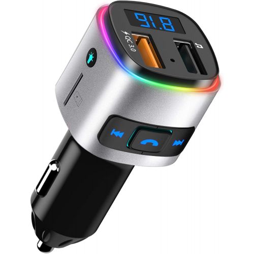  [아마존베스트]Bluetooth FM Transmitter for Car, SONRU Wireless Bluetooth V4.2 Radio Adapter Music Player Car Kit, Hands Free Calling, QC3.0 Quick Charge, Voltmeter, Color Light, Support TF Card,