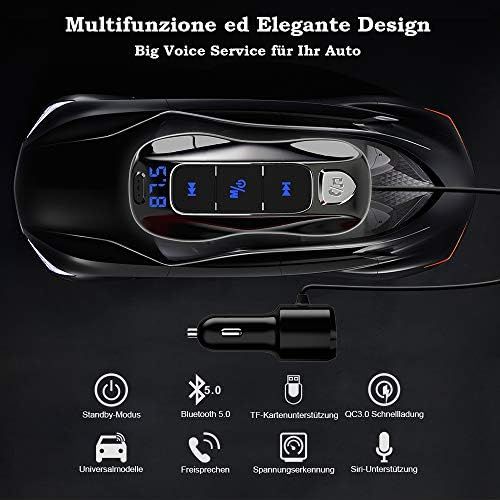  [아마존베스트]-Service-Informationen SONRU Bluetooth 5.0 FM Transmitter, Bluetooth Car Radio Adpter Hands-Free Kit Dual USB Ports (QC3.0/2.4A) with 1.1 m Cable, A2DP Crystal Sound Quality, Voltage Display, TF Card Pla