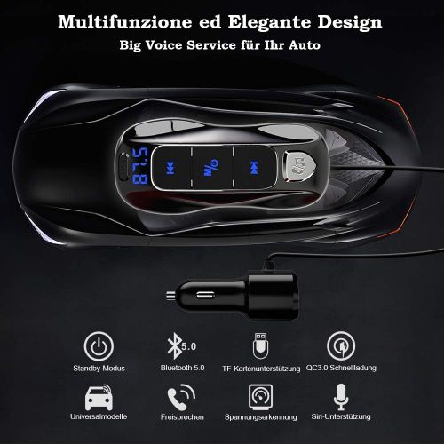  [아마존베스트]-Service-Informationen SONRU Bluetooth 5.0 FM Transmitter, Bluetooth Car Radio Adpter Hands-Free Kit Dual USB Ports (QC3.0/2.4A) with 1.1 m Cable, A2DP Crystal Sound Quality, Voltage Display, TF Card Pla