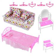 SOONHUA Miniature Dollhouse Furniture Accessories, 8 pcs/ Set European Syle Dressing Table Single Bed Fabric Sofa Set for Girls Gift, Dresser Set Sofa Set Bed Set 5X Hangers for Do