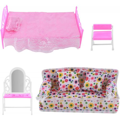  SOONHUA Miniature Dollhouse Furniture Accessories, 8 pcs/ Set European Syle Dressing Table Single Bed Fabric Sofa Set for Girls Gift, Dresser Set Sofa Set Bed Set 5X Hangers for Do