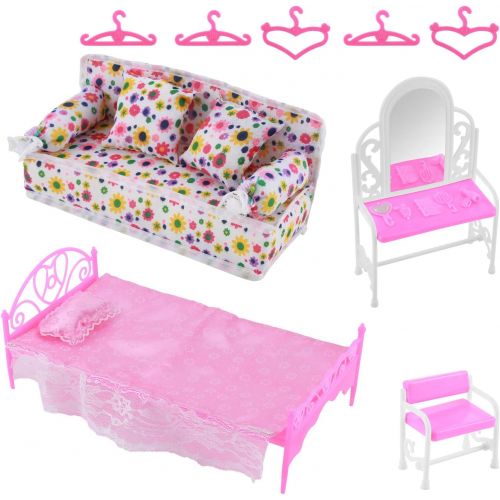  SOONHUA Miniature Dollhouse Furniture Accessories, 8 pcs/ Set European Syle Dressing Table Single Bed Fabric Sofa Set for Girls Gift, Dresser Set Sofa Set Bed Set 5X Hangers for Do