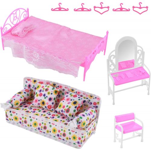  SOONHUA Miniature Dollhouse Furniture Accessories, 8 pcs/ Set European Syle Dressing Table Single Bed Fabric Sofa Set for Girls Gift, Dresser Set Sofa Set Bed Set 5X Hangers for Do