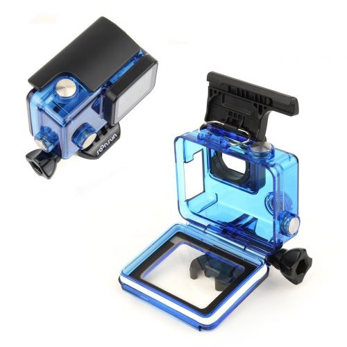  SOONSUN Side Open Protective Skeleton Housing Case with LCD Touch Backdoor and Silicone Lens Cap Cover for GoPro Hero 4, Hero3+, Hero 3 Camera - Transparent Blue