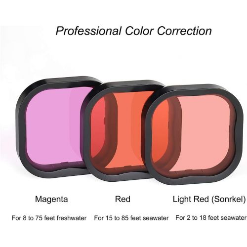  SOONSUN 3-Pack Dive Filter for GoPro Hero 8 9 10 Black Official Waterproof Housing Case - Red, Light Red and Magenta Filters - Enhances Colors for Various Underwater Video and Phot