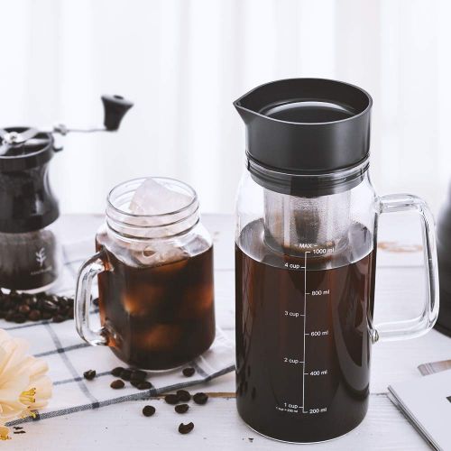  Soulhand Cold Brew Iced Coffee Maker Cold Coffee Maker Cold Brew Pitcher-34oz/1.0ML Borosilicate Glass Hot & Cold Tea Brewing Cold Brew System with Removable Filter for Home Office