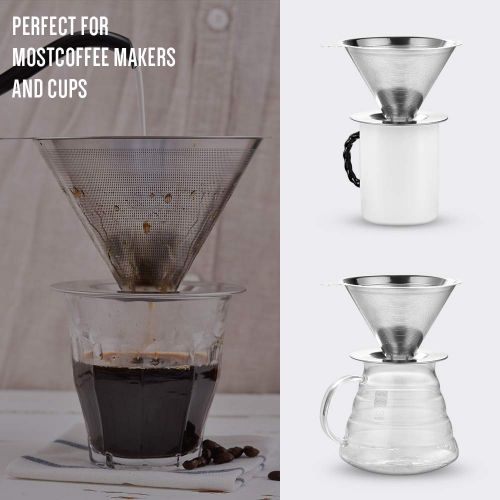  Soulhand Stainless Steel Coffee Filter Pour Over Coffee Filter Metal Filter Cone Slow Drip Coffee Filter Paperless Double Layer Filter with Cup Stand for 1-4 Cup