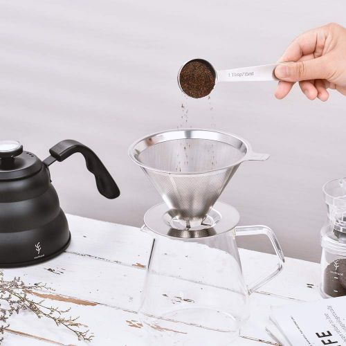  Soulhand Stainless Steel Coffee Filter Pour Over Coffee Filter Metal Filter Cone Slow Drip Coffee Filter Paperless Double Layer Filter with Cup Stand for 1-4 Cup