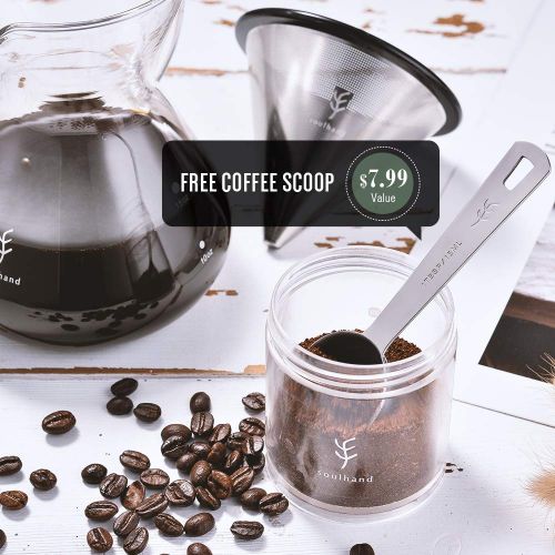  Soulhand Pour Over Coffee Maker Brewer Set  Borosilicate Glass Carafe Coffee Pot 17oz 500ml, Reusable Stainless Steel Filter Dripper, Coffee Scoop 1 tbsp