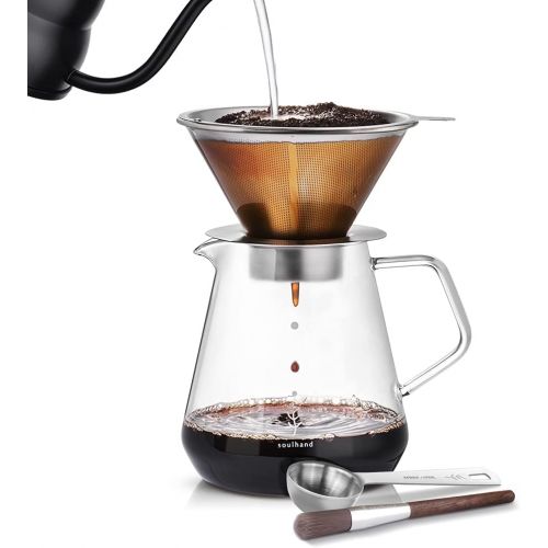  Soulhand Pour Over Coffee Brewer Pour Over Coffee Dripper 8 Cups Coffee Maker with Separable Paperless Coffee Filter with Glass -Bouns Coffee Scoop and Brush Large Capacity Brewer