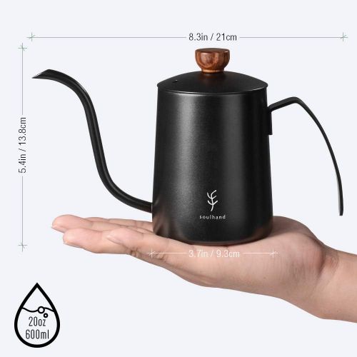  Soulhand Pour Over Kettle, Small Gooseneck Kettle with Thermometer, Stainless Steel Long Narrow Spout Coffee Kettle Mini Coffee Pot for Home Kitchen-21oz/600ML