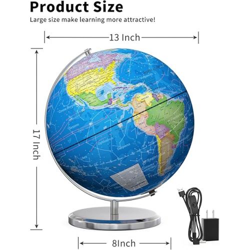  SOUNDANCE 13 Inch World Globe with Stable Heavy Metal Base, Educational Globe for Kids Learning, Large Globe Lamp with Colorful HD World Map Details, Constellation