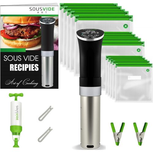  SOUSVIDE ART Sous Vide Cooker Immersion Circulator  Sous Vide Kit All-In-One - Sous Vide Machine - Sous Vide Starter Kit  Sous Vide Pod 1000W 120V, 15 Sous Vide Vacuum Bags, Pump, Clips, Free
