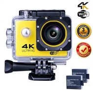 SOUTHSTARDIGITAL Action Camera 4K WIFI Sports Camera 12 MP Underwater Video waterproof Camcorder HD 1080P and 2 Batteries 170° Wide-Angle Yellow