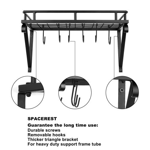  SPACEREST Pack of 2, 17-Inch Kitchen Wall Mounted Pot Pan Rack-Decorative Cookware Wall Storage Shelf With 12 Hooks, Matte Black