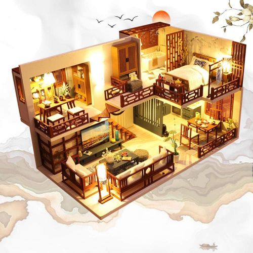  SPILAY DIY Miniature Dollhouse Wooden Furniture Kit,Handmade Mini Chinese Style Modern Model Plus with Dust Cover & Music Box ,1:24 Scale Creative Doll House Toys for Adult Teenage